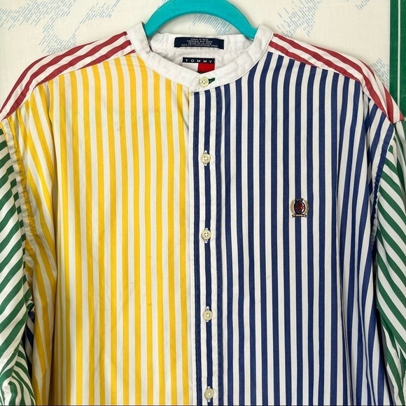 VINTAGE TOMMY HILFIGER colorblock stripe grandad collar oxford button down large - Picture 5 of 12